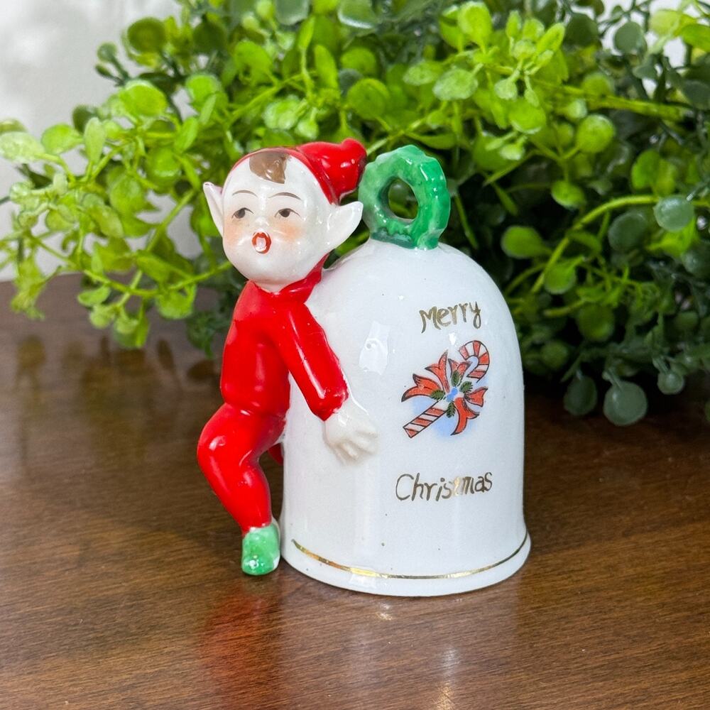 Vintage Christmas Pixie Elf Bell Ornament Japan Porcelain Hugger MCM 1950s 3"